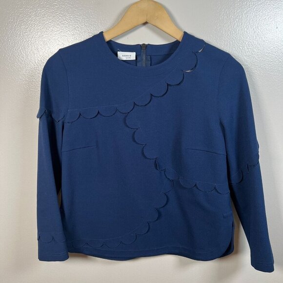 Akris Punto Scallop 2 Piece Top Skirt Size 6/8 Navy Blue Work Career Art to Wear - Picture 5 of 16